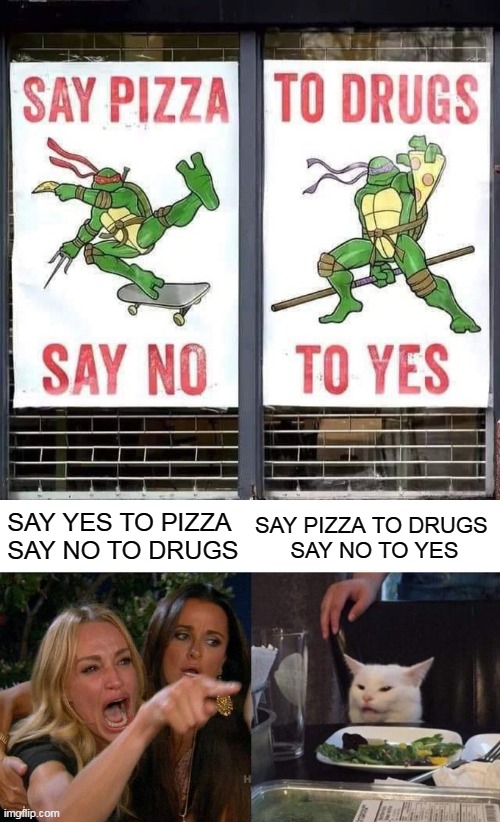 SAY PIZZA TO DRUGS 
SAY NO TO YES; SAY YES TO PIZZA 
SAY NO TO DRUGS | image tagged in memes,woman yelling at cat,teenage mutant ninja turtles,ninja turtles,pizza | made w/ Imgflip meme maker