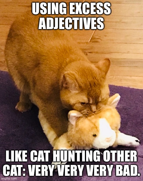Excess adjectives kitty |  USING EXCESS ADJECTIVES; LIKE CAT HUNTING OTHER CAT: VERY VERY VERY BAD. | image tagged in adjectives | made w/ Imgflip meme maker