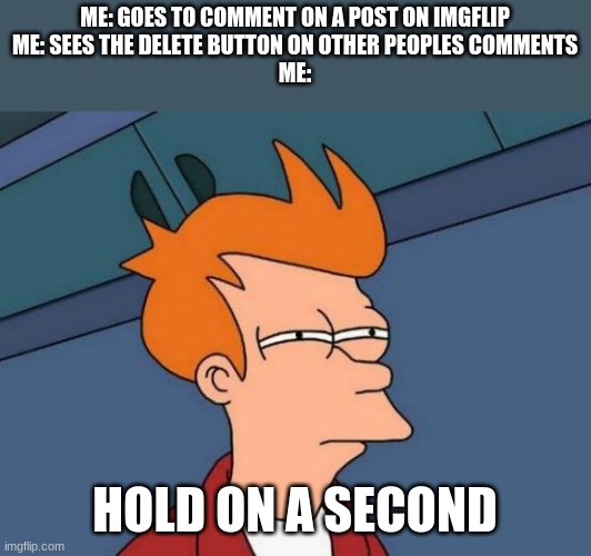 Futurama Fry | ME: GOES TO COMMENT ON A POST ON IMGFLIP
ME: SEES THE DELETE BUTTON ON OTHER PEOPLES COMMENTS

ME:; HOLD ON A SECOND | image tagged in memes,futurama fry | made w/ Imgflip meme maker