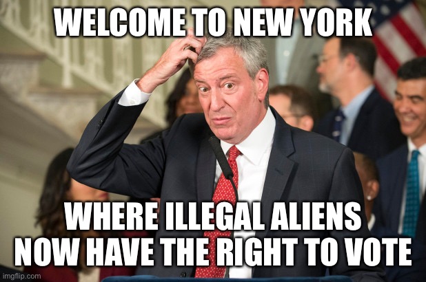 Shitholeification | WELCOME TO NEW YORK; WHERE ILLEGAL ALIENS NOW HAVE THE RIGHT TO VOTE | image tagged in bill deblasio,illegal immigration,libtards,liberal logic,not funny,true story | made w/ Imgflip meme maker