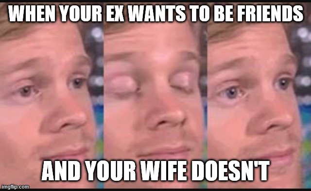 Blinking guy | WHEN YOUR EX WANTS TO BE FRIENDS; AND YOUR WIFE DOESN'T | image tagged in blinking guy | made w/ Imgflip meme maker