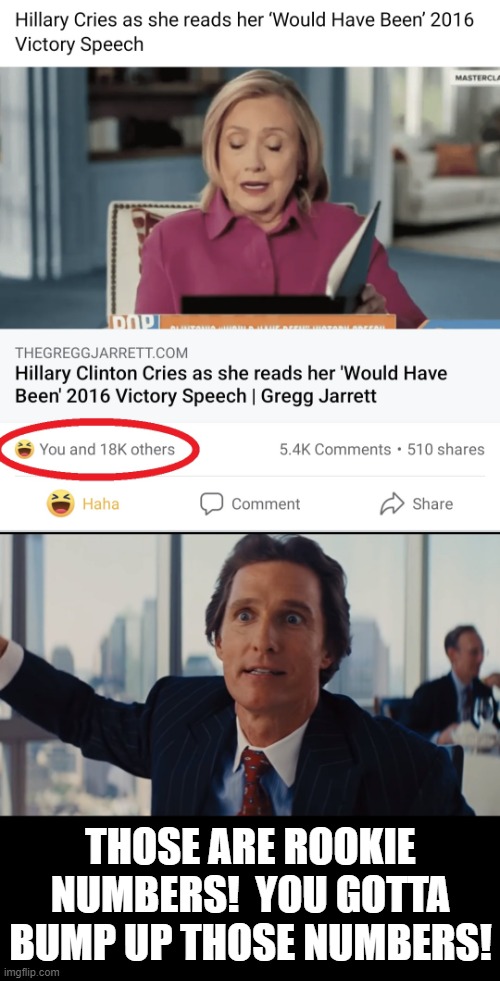 Rookie numbers! | THOSE ARE ROOKIE NUMBERS!  YOU GOTTA BUMP UP THOSE NUMBERS! | image tagged in those are rookie numbers,memes,hillary clinton,2016,victory speech,democrats | made w/ Imgflip meme maker