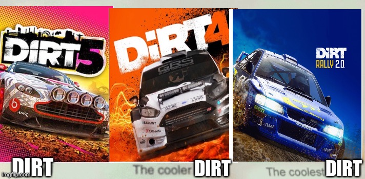 they should have called dirt 5 dirt showdown 2 | DIRT; DIRT; DIRT | image tagged in the coolest daniel,rally,dirt,xbox,playstation,pc | made w/ Imgflip meme maker