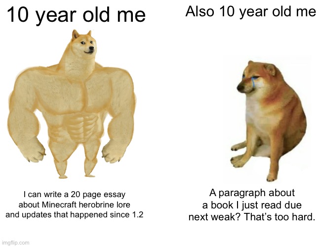 I could talk hours on hours about my opinion on 1.12 back then. And I still can now. | 10 year old me; Also 10 year old me; I can write a 20 page essay about Minecraft herobrine lore and updates that happened since 1.2; A paragraph about a book I just read due next weak? That’s too hard. | image tagged in memes,buff doge vs cheems | made w/ Imgflip meme maker