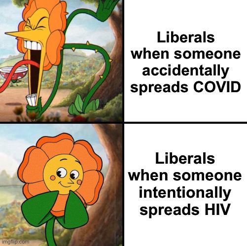 Liberal Hypocrisy | Liberals when someone accidentally spreads COVID; Liberals when someone intentionally spreads HIV | image tagged in angry flower,libtards,stupid people,oh wow are you actually reading these tags | made w/ Imgflip meme maker