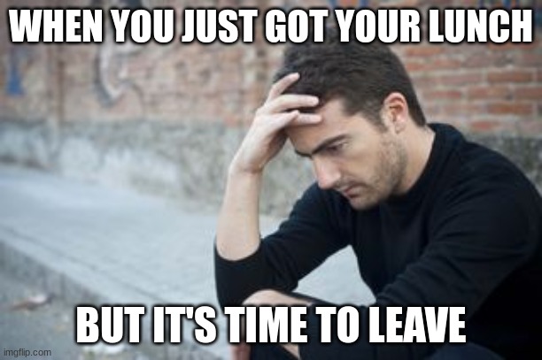 meme Assignment | WHEN YOU JUST GOT YOUR LUNCH; BUT IT'S TIME TO LEAVE | image tagged in meme assignment | made w/ Imgflip meme maker