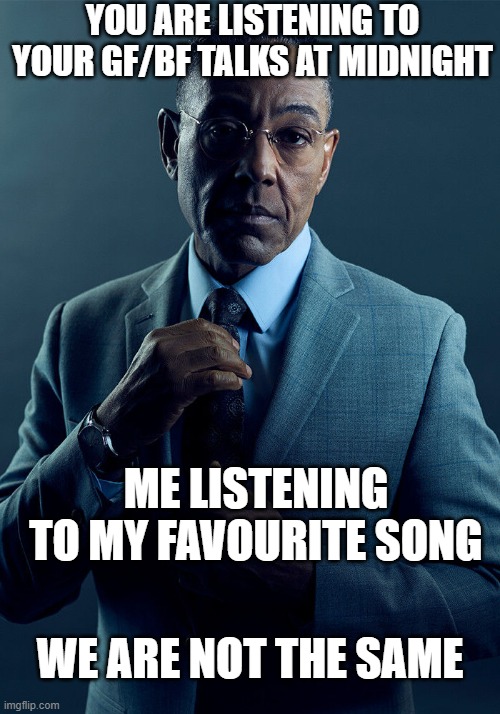 Upvote if you are proud to be single | YOU ARE LISTENING TO YOUR GF/BF TALKS AT MIDNIGHT; ME LISTENING TO MY FAVOURITE SONG; WE ARE NOT THE SAME | image tagged in gus fring we are not the same,memes | made w/ Imgflip meme maker