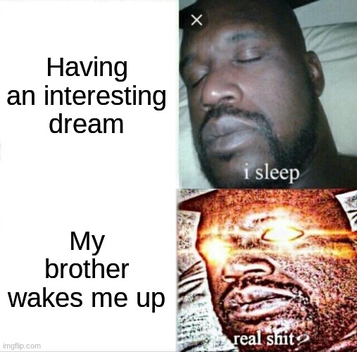 every time | Having an interesting dream; My brother wakes me up | image tagged in memes,sleeping shaq,dreams,brothers,sleeping,funny | made w/ Imgflip meme maker