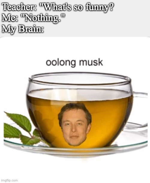 Teacher: "What's so funny? 
Me: "Nothing." 
My Brain: | image tagged in elon musk,tea,teacher what are you laughing at | made w/ Imgflip meme maker