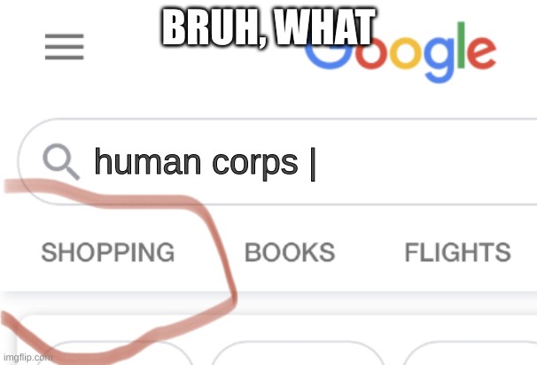 Shopping, Google | BRUH, WHAT; human corps | | image tagged in shopping google | made w/ Imgflip meme maker