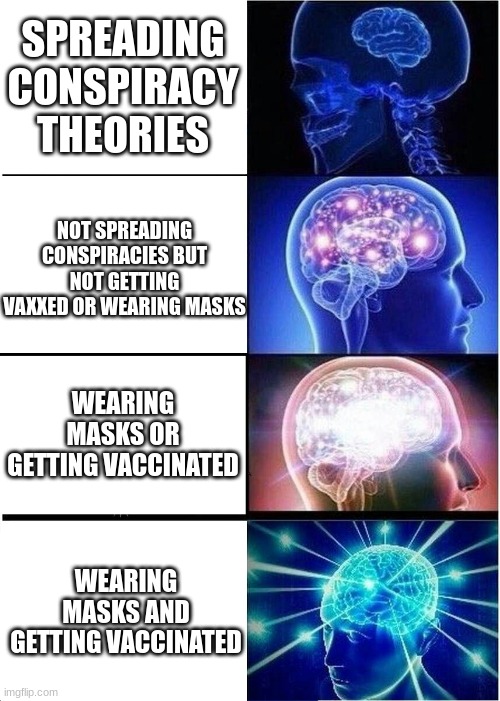Getting vaccinated is good, do it! | SPREADING CONSPIRACY THEORIES; NOT SPREADING CONSPIRACIES BUT NOT GETTING VAXXED OR WEARING MASKS; WEARING MASKS OR GETTING VACCINATED; WEARING MASKS AND GETTING VACCINATED | image tagged in memes,expanding brain,covid vaccine,covid-19,politics,scumbag republicans | made w/ Imgflip meme maker