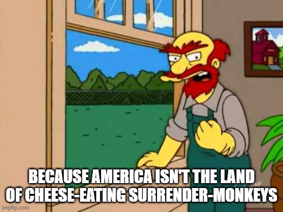 Groundskeeper Willie from the simpsons | BECAUSE AMERICA ISN'T THE LAND OF CHEESE-EATING SURRENDER-MONKEYS | image tagged in groundskeeper willie from the simpsons | made w/ Imgflip meme maker