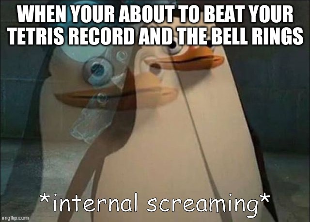 Private Internal Screaming | WHEN YOUR ABOUT TO BEAT YOUR TETRIS RECORD AND THE BELL RINGS | image tagged in private internal screaming | made w/ Imgflip meme maker