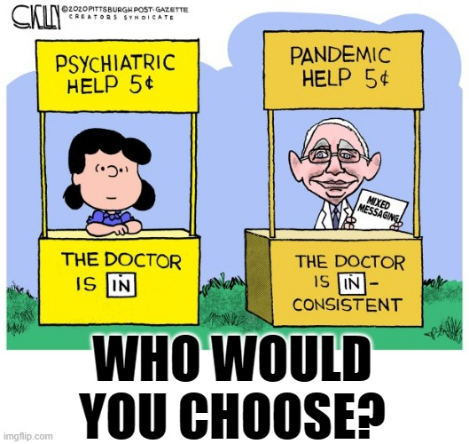 Pandemic Thinking | WHO WOULD YOU CHOOSE? | image tagged in memes,comics,pandemic,lucy,dr fauci,choose wisely | made w/ Imgflip meme maker