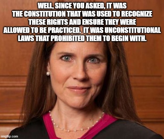 Amy Barrett | WELL, SINCE YOU ASKED, IT WAS THE CONSTITUTION THAT WAS USED TO RECOGNIZE THESE RIGHTS AND ENSURE THEY WERE ALLOWED TO BE PRACTICED.  IT WAS | image tagged in amy barrett | made w/ Imgflip meme maker