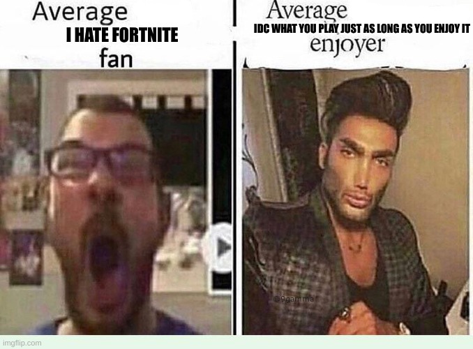 maybe we should join forces | IDC WHAT YOU PLAY JUST AS LONG AS YOU ENJOY IT; I HATE FORTNITE | image tagged in average blank fan vs average blank enjoyer | made w/ Imgflip meme maker