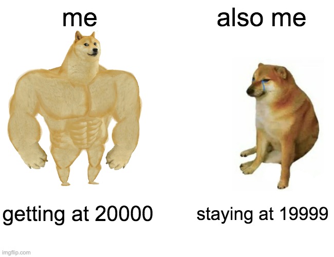 Buff Doge vs. Cheems | me; also me; getting at 20000; staying at 19999 | image tagged in memes,buff doge vs cheems | made w/ Imgflip meme maker