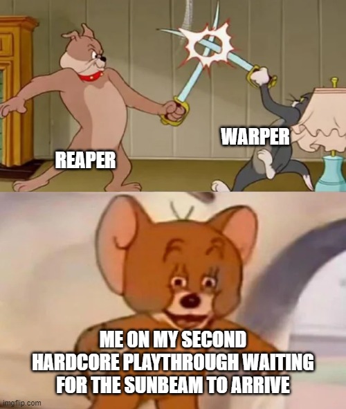 Honestly, I wasn't worried | WARPER; REAPER; ME ON MY SECOND HARDCORE PLAYTHROUGH WAITING FOR THE SUNBEAM TO ARRIVE | image tagged in tom and spike fighting | made w/ Imgflip meme maker