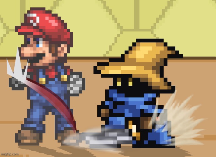 Black mage shivving Mario | image tagged in black mage shivving mario | made w/ Imgflip meme maker