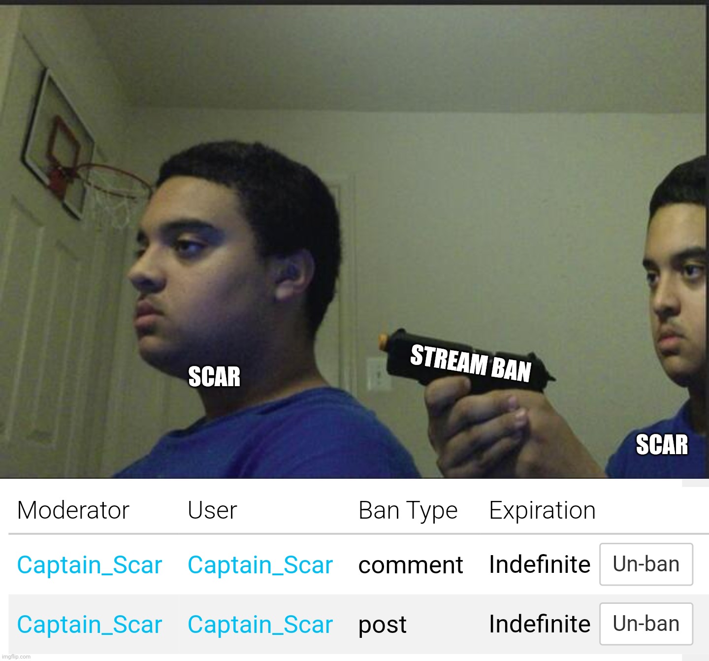 Why I love this stream, always on the cutting edge of Imgflippery | SCAR; SCAR; STREAM BAN | image tagged in trust nobody not even yourself,captain_scar,but why why would you do that | made w/ Imgflip meme maker