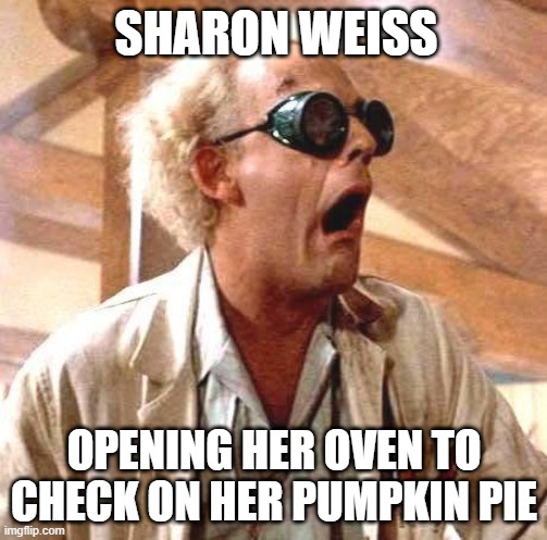 Great Scott!! | SHARON WEISS; OPENING HER OVEN TO CHECK ON HER PUMPKIN PIE | image tagged in great scott | made w/ Imgflip meme maker