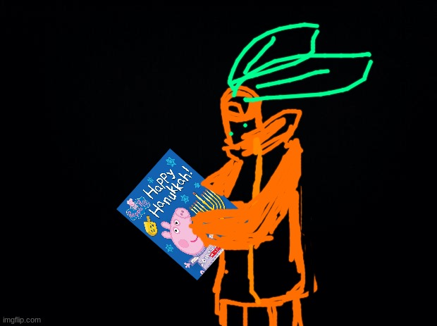 Tangerine is reading a Peppa pig Hanukka book. well, about to read it. they like the cover. | image tagged in black background | made w/ Imgflip meme maker