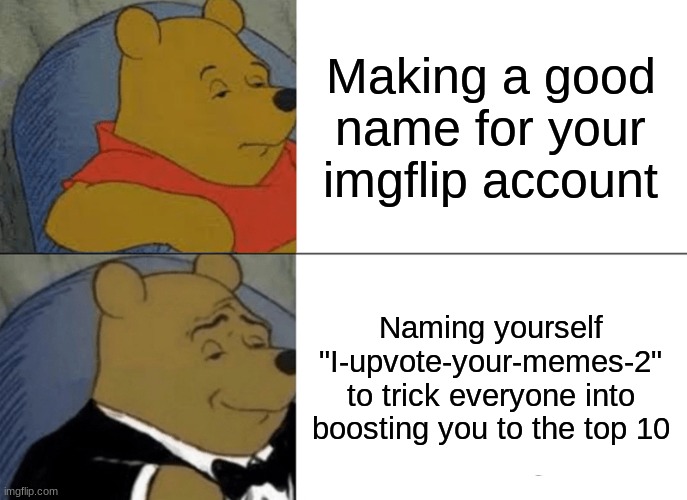 could happen, look out for fakers | Making a good name for your imgflip account; Naming yourself "I-upvote-your-memes-2" to trick everyone into boosting you to the top 10 | image tagged in memes,tuxedo winnie the pooh | made w/ Imgflip meme maker