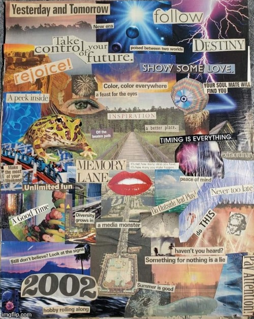 '02 Collage | image tagged in collage,newspaper,magazines,art,colorful,inspiring | made w/ Imgflip meme maker