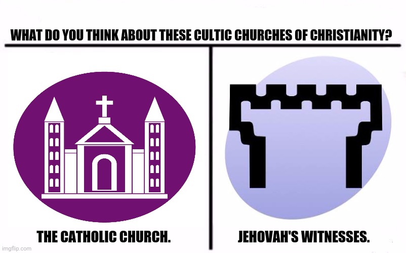 Who Would Win Blank | WHAT DO YOU THINK ABOUT THESE CULTIC CHURCHES OF CHRISTIANITY? THE CATHOLIC CHURCH.                          JEHOVAH'S WITNESSES. | image tagged in memes,libertarian,church | made w/ Imgflip meme maker