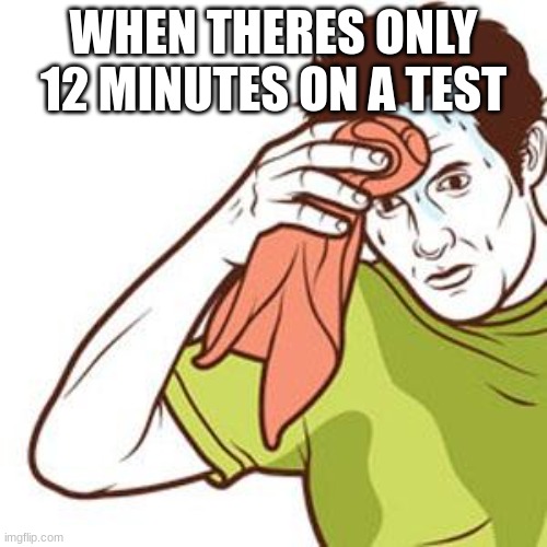 hurry | WHEN THERES ONLY 12 MINUTES ON A TEST | image tagged in sweating towel guy,hurry | made w/ Imgflip meme maker