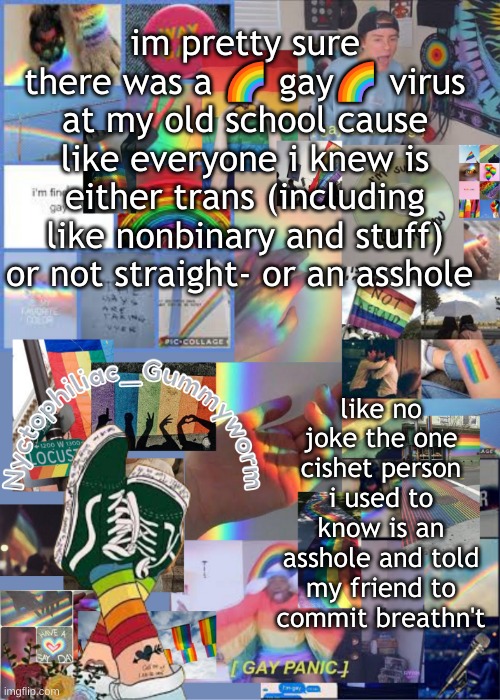 I wish i still went there lol | im pretty sure there was a 🌈 gay🌈 virus at my old school cause like everyone i knew is either trans (including like nonbinary and stuff) or not straight- or an asshole; like no joke the one cishet person i used to know is an asshole and told my friend to commit breathn't | image tagged in i've out gayed myself with this temp | made w/ Imgflip meme maker