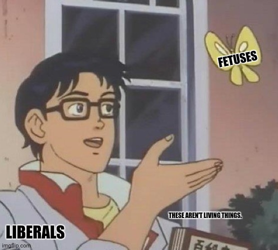 Is This A Pigeon Meme | FETUSES; THESE AREN'T LIVING THINGS. LIBERALS | image tagged in memes,conservatives,liberal logic | made w/ Imgflip meme maker