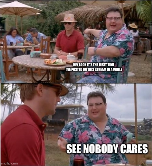 See Nobody Cares | HEY LOOK IT'S THE FIRST TIME I'VE POSTED ON THIS STREAM IN A WHILE; SEE NOBODY CARES | image tagged in memes,see nobody cares | made w/ Imgflip meme maker