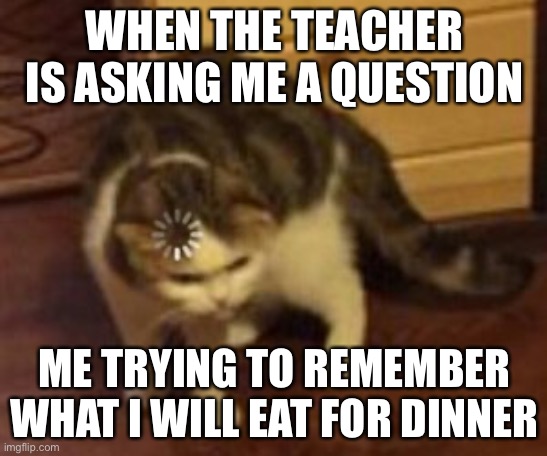 Loading cat | WHEN THE TEACHER IS ASKING ME A QUESTION; ME TRYING TO REMEMBER WHAT I WILL EAT FOR DINNER | image tagged in loading cat | made w/ Imgflip meme maker