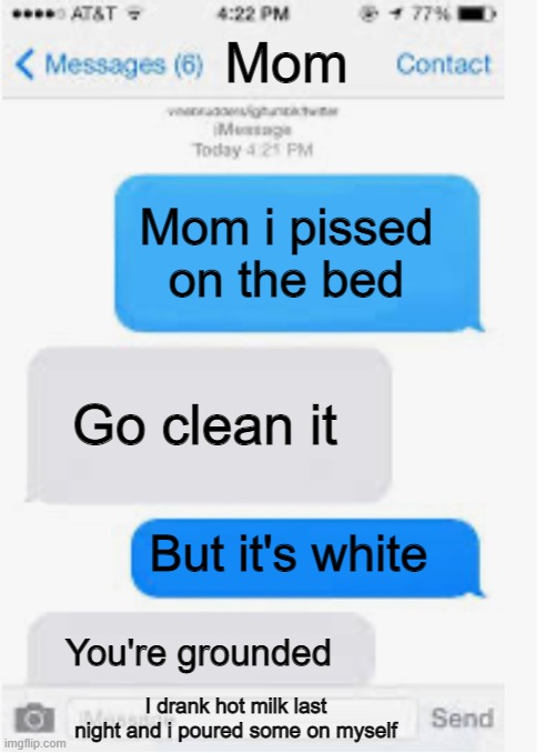 :flushed: | Mom; Mom i pissed on the bed; Go clean it; But it's white; You're grounded; I drank hot milk last night and i poured some on myself | image tagged in blank text conversation | made w/ Imgflip meme maker