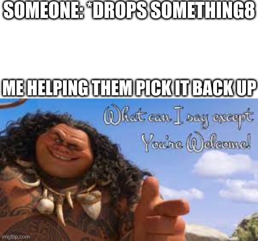You're Welcome | SOMEONE: *DROPS SOMETHING8; ME HELPING THEM PICK IT BACK UP | image tagged in blank white template,what can i say except your yelcome | made w/ Imgflip meme maker