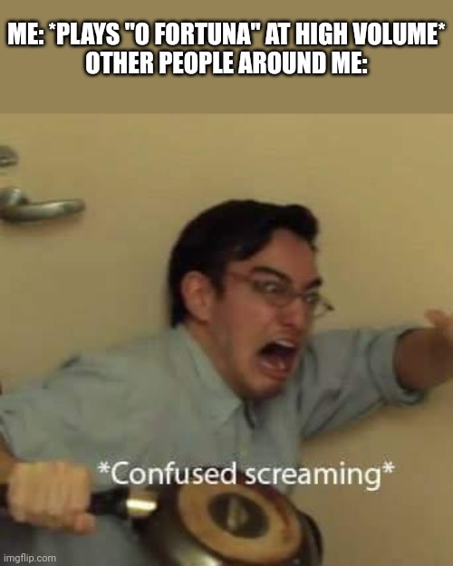 filthy frank confused scream | ME: *PLAYS "O FORTUNA" AT HIGH VOLUME*

OTHER PEOPLE AROUND ME: | image tagged in filthy frank confused scream | made w/ Imgflip meme maker