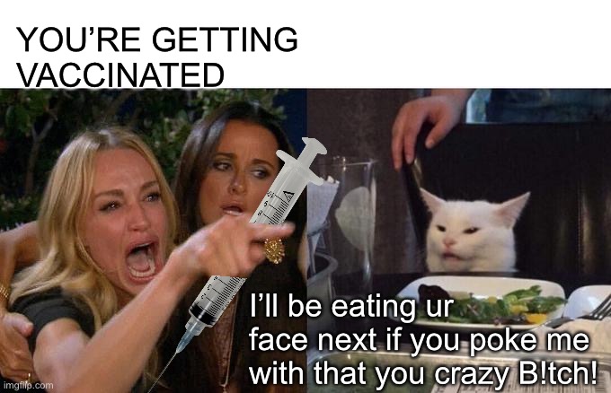 Woman Yelling At Cat | YOU’RE GETTING VACCINATED; I’ll be eating ur face next if you poke me with that you crazy B!tch! | image tagged in memes,woman yelling at cat,vaccines,coronavirus | made w/ Imgflip meme maker