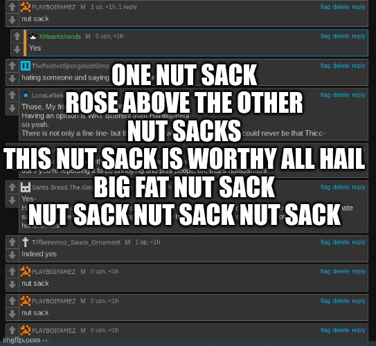 this nut sack rose above the other nut sack | ONE NUT SACK ROSE ABOVE THE OTHER NUT SACKS
THIS NUT SACK IS WORTHY ALL HAIL BIG FAT NUT SACK NUT SACK NUT SACK NUT SACK | made w/ Imgflip meme maker
