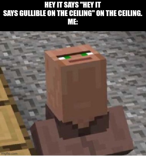 Minecraft Villager Looking Up | HEY IT SAYS "HEY IT SAYS GULLIBLE ON THE CEILING" ON THE CEILING.
ME: | image tagged in minecraft villager looking up | made w/ Imgflip meme maker