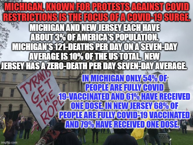 Your body, your life, your choice. | MICHIGAN, KNOWN FOR PROTESTS AGAINST COVID RESTRICTIONS IS THE FOCUS OF A COVID-19 SURGE. MICHIGAN AND NEW JERSEY EACH HAVE ABOUT 3% OF AMERICA'S POPULATION. MICHIGAN'S 121-DEATHS PER DAY ON A SEVEN-DAY AVERAGE IS 10% OF THE US TOTAL.  NEW JERSEY HAS A ZERO-DEATH PER DAY SEVEN-DAY AVERAGE. IN MICHIGAN ONLY 54% OF PEOPLE ARE FULLY COVID 19-VACCINATED AND 61% HAVE RECEIVED ONE DOSE. IN NEW JERSEY 68% OF PEOPLE ARE FULLY COVID-19 VACCINATED AND 79% HAVE RECEIVED ONE DOSE. | image tagged in politics | made w/ Imgflip meme maker