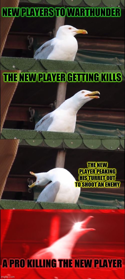 Inhaling Seagull Meme | NEW PLAYERS TO WARTHUNDER; THE NEW PLAYER GETTING KILLS; THE NEW PLAYER PEAKING HIS TURRET OUT TO SHOOT AN ENEMY; A PRO KILLING THE NEW PLAYER | image tagged in memes,inhaling seagull | made w/ Imgflip meme maker