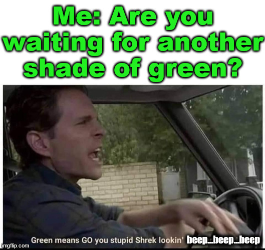 This is me at a green light 1 second after it turns green | image tagged in green,lights | made w/ Imgflip meme maker