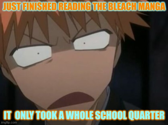 Yep, feelin' good | JUST FINISHED READING THE BLEACH MANGA; IT  ONLY TOOK A WHOLE SCHOOL QUARTER | image tagged in ichigo what the f k face | made w/ Imgflip meme maker