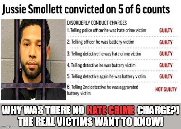 jussie smollett guilty | WHY WAS THERE NO                            CHARGE?!
THE REAL VICTIMS WANT TO KNOW! HATE CRIME | image tagged in political meme,jussie smollett,hate crime,guilty,prison,victims | made w/ Imgflip meme maker