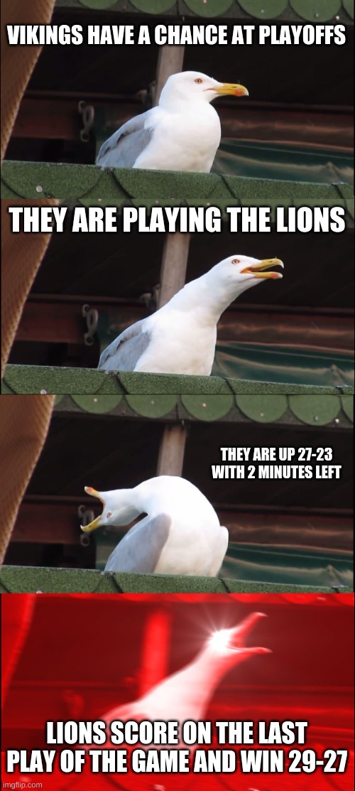 Inhaling Seagull | VIKINGS HAVE A CHANCE AT PLAYOFFS; THEY ARE PLAYING THE LIONS; THEY ARE UP 27-23 WITH 2 MINUTES LEFT; LIONS SCORE ON THE LAST PLAY OF THE GAME AND WIN 29-27 | image tagged in memes,inhaling seagull | made w/ Imgflip meme maker