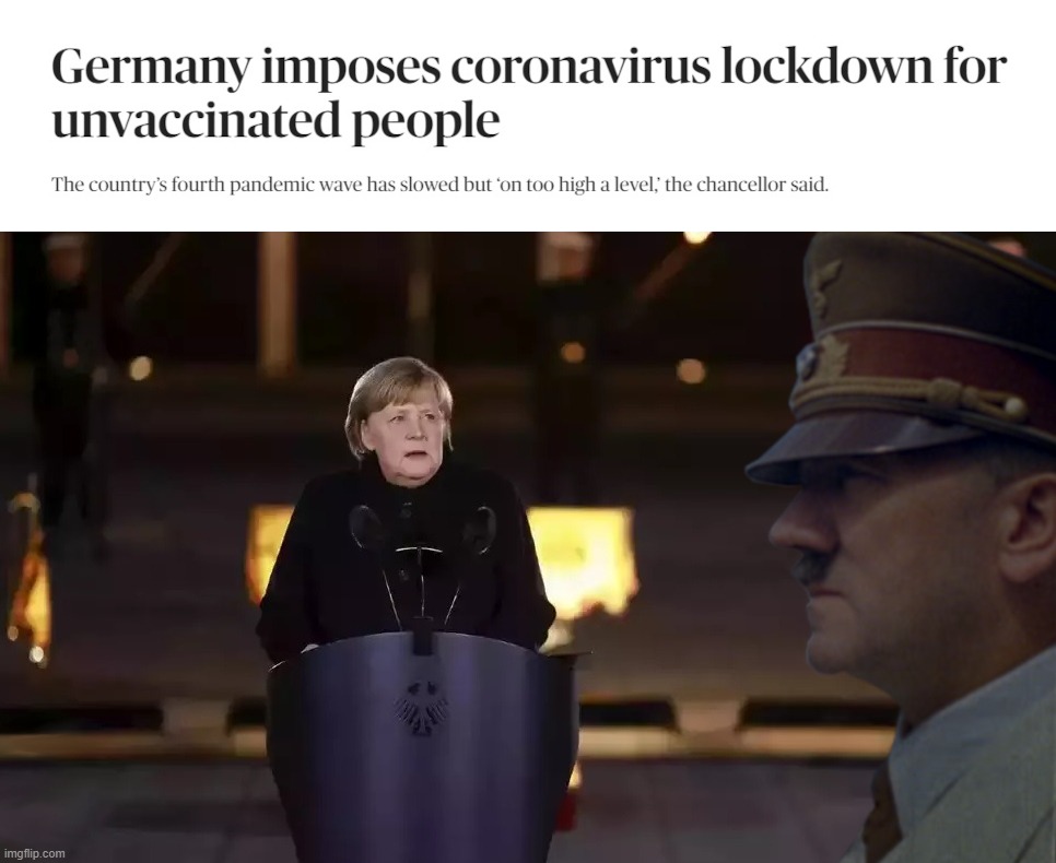 Following in his footsteps | image tagged in angela merkel,adolf hitler,lockdown,house arrest,tyranny,covid | made w/ Imgflip meme maker