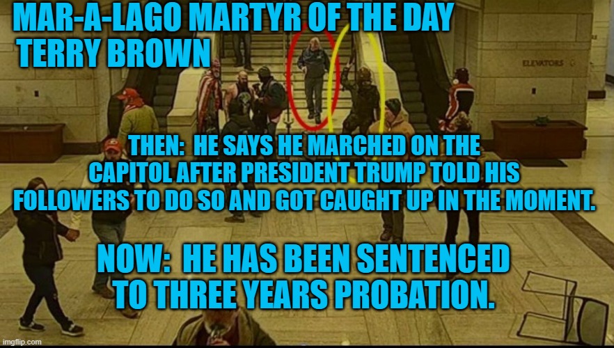 He just wanted "political leaders to listen." | MAR-A-LAGO MARTYR OF THE DAY
TERRY BROWN; THEN:  HE SAYS HE MARCHED ON THE CAPITOL AFTER PRESIDENT TRUMP TOLD HIS FOLLOWERS TO DO SO AND GOT CAUGHT UP IN THE MOMENT. NOW:  HE HAS BEEN SENTENCED TO THREE YEARS PROBATION. | image tagged in politics | made w/ Imgflip meme maker
