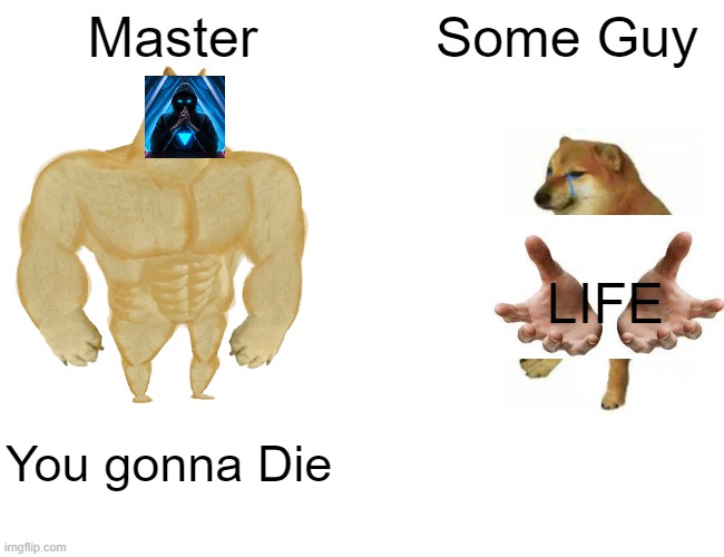 LIFE | Master; Some Guy; LIFE; You gonna Die | image tagged in memes,buff doge vs cheems | made w/ Imgflip meme maker