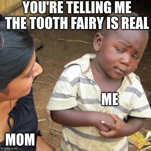 i was bored | YOU'RE TELLING ME THE TOOTH FAIRY IS REAL; ME; MOM | image tagged in memes,third world skeptical kid | made w/ Imgflip meme maker